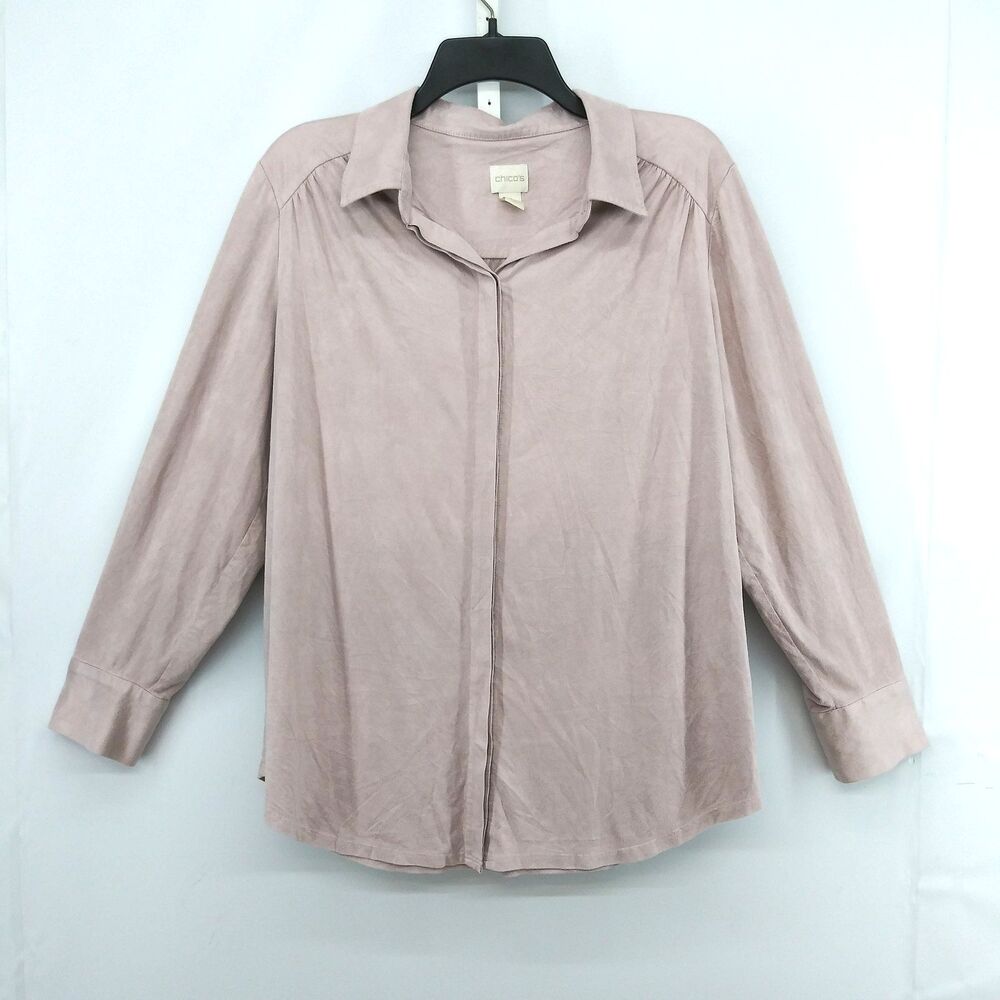 Chicos Shirt Womens 2 Mauve Pink Soft Stretch Button Up Long Sleeve Blouse Top